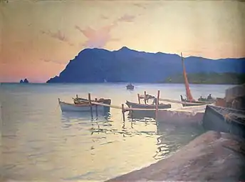 Pêcheurs et « pointus », avec le cap Sicié et les rochers des Deux Frères en ombres chinoises d'arrière-plan, tableau d'Eugène Dauphin : Coucher de soleil sur le cap Sicié (vers 1890).