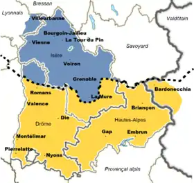 Dauphiné : limite entre occitan (en jaune) et arpitan