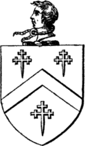 Un bouclier avec trois croix de forme complexe intégrées dans un schéma triangulaire. Il est surmonté d'une tête d'homme avec un nœud coulant autour du cou.