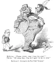 Caricature illustrant un homme obèse mangeant une pomme, derrière lequel se tient un petit homme réclamant sa part.