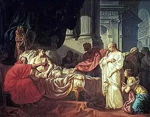 Photographie en couleurs d'un tableau représentant, dans un paysage à l'antique reconstitué, un homme malade allongé, assisté d'un homme assis en rouge, face auxquels se tient une femme blonde drapée de blanc.