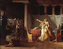 Photographie en couleurs d'un tableau à l'antique, représentant dans un intérieur ancien à colonnade l'entrée d'un brancard portant un cadavre entouré d'un linceul, alors qu'à droite se lamente une femme, et qu'à gauche au premier plan se tient un homme assis, tournant le dos à la scène.