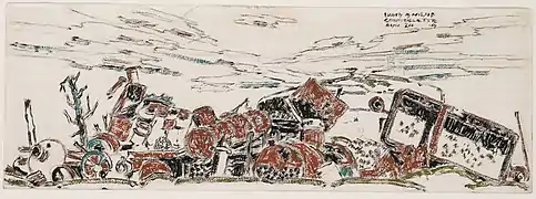 Dessin aquarellé  de David Milne : La sucrerie de Courcelette (août 1919)