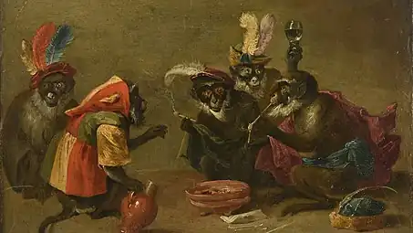 David Teniers le Jeune, Tabagie de singes, huile sur cuivre marqueté.