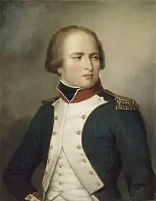 Portrait en demi-figure, représentant le jeune Louis Nicolas Davout, aux cheveux bruns et aux yeux marron, portant un uniforme bleu à basques retroussées, plastron blanc et galons dorés.