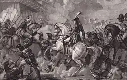 Scène de combats représentant Davout, sur un cheval cabré blanc, menant l'assaut des fantassins français contre les soldats ottomans.