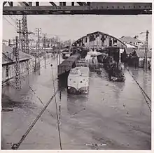 La gare inondée lors de la crue de l'Adour de 1952.