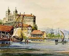 Peinture de l'Abbaye Saint-Benoît de Rio de Janeiro, aux pieds de laquelle se trouvait le Largo da Prainha en 1841.