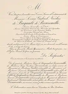 Faire-part de décès de Louis Gabriel de Bigault de Boureuille (25 mars 1893).