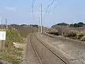 Structure ferroviaire de la voie entre Le Coq-sur-Mer et Wenduine.La voie y est posée sur du sable et l'alimentation électrique est réalisée par une caténaire.