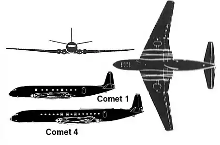 Plan 3 vues du Comet 1 (noter les différences dans l'insert du Comet 4, reproduit à la même échelle)