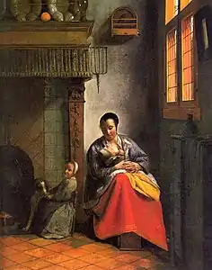 'Femme allaitant un nouveau-né, avec un enfant et un chien, 1658-1660.