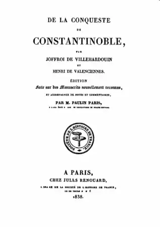 Page de couverture d'une édition imprimée de la conquête de Constantinople de 1838.