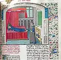 De casibus virorum illustrium, livre 8.Pétrarque apparaît à Boccace. Manuscrit de 1475.