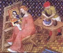 La peintre de la Grèce antique Timarété peignant, miniature du Livre des Clères Femmes de Boccace, miniature du Maître du Couronnement de la Vierge tirée d'un manuscrit daté vers 1403.