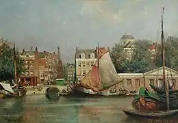Peinture en couleurs représentant un port, des navires arrimés aux quais