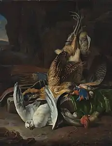 Oiseaux morts et Accessoires de chasse vers 1665, Rotterdam.