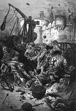 la gravure noir et blanc montre un chevalier désarçonné tombé à terre, la tête recouverte d'un bloc de pierre. En arrière plan, des projectiles arrivent depuis des remparts.