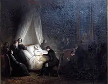 Couchée sur un lit blanc, orné d'un dais de couleur crème, la reine est vêtue d'une chemise claire, le cou entouré d'un ruban bleu et le visage inerte. Elle est entourée d'hommes et de femmes vêtus de noir.