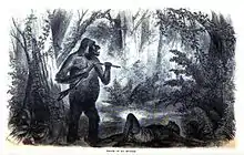 Gravure en noir et blanc d'un gorille furieux brisant le fusil d'un chasseur.