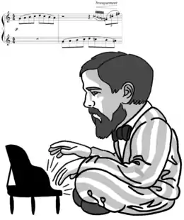 Caricature de Debussy assis en tailleur, en pyjama devant un piano jouet.