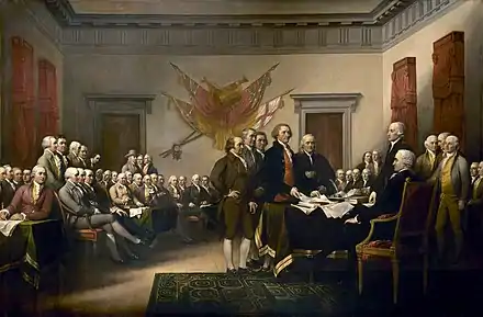La ratification du texte final de la Déclaration d'indépendance au Congrès le 4 juillet 1776. Tableau de John Trumbull, 1819.