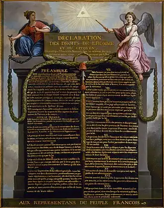 Tableau représentant la Déclaration des droits, inscrite en lettres d'or sur un support noir de forme similaire aux Tables de la Loi, avec l'allégorie de la Monarchie tenant les chaînes brisées de la Tyrannie, et le génie de la Nation tenant le sceptre du pouvoir, sous l'œil de l'Être suprême.