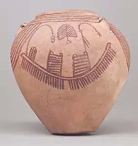 Vase funéraire. Décor à base de signes graphiques : bateaux, H.20 cm.Metropolitan Museum of Art