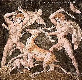 Mosaïque représentant probablement Alexandre et Héphaistion chassant le cerf