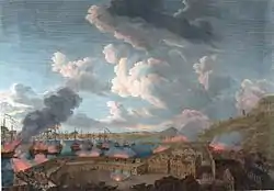L'attaque de Gibraltar, le 13 septembre 1783. Le Robuste passe les deux dernières années de la guerre dans les eaux européennes.(Dessin d'après un tableau de Richard Paton)