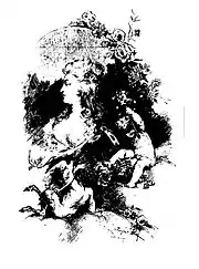 noir et blanc, esquisse peu précise, abondance baroque de décorations, deux chérubins aux pieds de la dame, profil droit