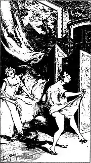 Femme assise au saut du lit. Jeune fille presque dénudée esquissant un pas de danse devant elle, noir et blanc