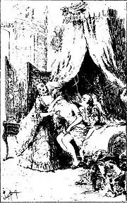 femme, l'air paillard, poussant une jeune fille demi-nue et se voilant la face, dans un lit où l'attire un homme