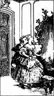 Homme à gauche baisant la nuque d'une femme tête levée dans un coin de salon, robe à paniers