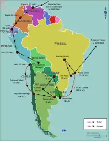 carte de l'Amérique du Sud indiquant le parcours de la visite de Charles de Gaulle.