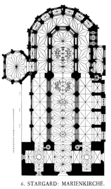 Cathédrale de Stargard Szczeciński, Pologne : sans transept, coupe transversale basilicale sur un plan basilical à quatre vaisseaux.
