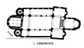 plan montrant les deux absides de l'église, l'abside occidentale est encadrée par les tours du westwerk