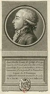 Louis-Marthe de Gouy d'Arsy (1753-1794), eau-forte, entre le 1789 et le 1791, collection Déjabin, Versailles, châteaux de Versailles et de Trianon.