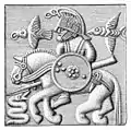 Plaque d'un casque de l'Âge de Vendel qui pourrait représenter Odin accompagné de ses deux corbeaux Hugin et Munin.