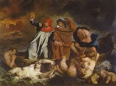 Dante et Virgile en Enfer, aussi connu comme La Barque de Dante, huile sur toile, 189 × 241 cm, musée du Louvre (1822).