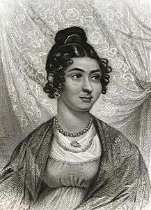 Gravure, portrait de trois quart de femme brune coiffée avec chignon et anglaises.