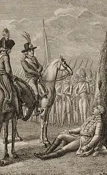 Gravure représentant à droite le général d'Elbée, allongé au sol, à gauche deux représentants en mission à cheval et en arrière-plan des grenadiers républicains.