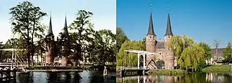 Vues sur la porte de l'Est (en nl Oostport) de Delft - vue de gauche vers 1900 et vue de droite le 27 avril 2020.