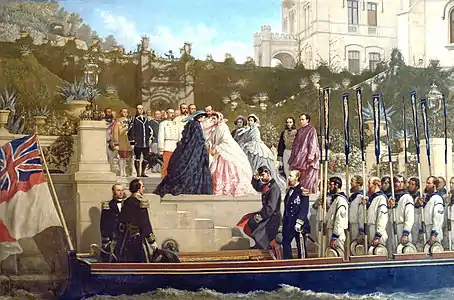 L'impératrice Élisabeth et l'empereur François-Joseph Ier d'Autriche arrivent au Château de Miramare pour rencontrer l'archiduc Maximilien et son épouse Charlotte de Belgique, 1865.