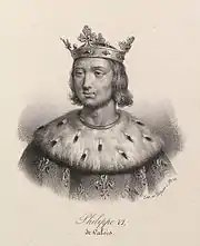 Dessin en noir et blanc et en buste d'un homme portant une couronne ornée de lys et vêtu d'une hermine et d'un manteau fleurdelisé.