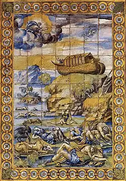 Faïence : Le Déluge, embarquement sur l'arche, triptyque réalisé vers 1550 par Masseot Abaquesne.