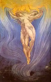 Tableau représentant un homme et une femme nus, les bras écartés et se tenant par les mains, en train de s'élever dans le ciel. Le bas du décor est noir, le haut est doré et éclaire les personnages.