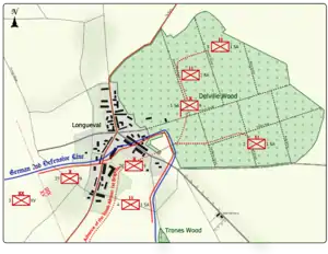 Colour map image depicting town and wood to the right of the town. Shows main access routes and positions of Allied and German forces on 14 July 1916