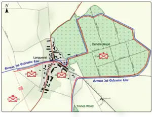 Colour map image depicting town and wood to the right of the town. Shows main access routes and positions of Allied and German forces on 15 July 1916