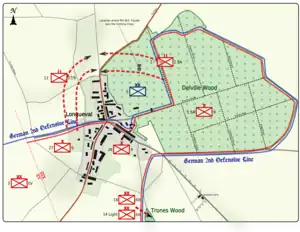 Colour map image depicting town and wood to the right of the town. Shows main access routes and positions of Allied and German forces on 16 July 1916
